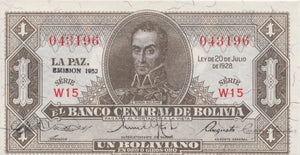 1952 1 BOLIVIANO BANKNOTE BOLIVIA REF 616 - World Banknotes - Cambridgeshire Coins