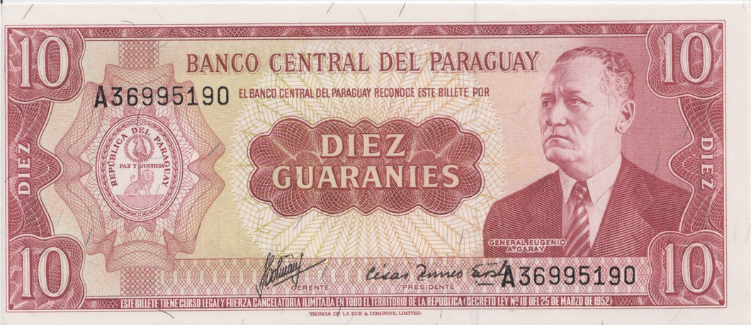 1952 10 GUARANIES BANKNOTE PARAGUAY REF 1063 - World Banknotes - Cambridgeshire Coins