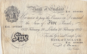 1952 FEBRUARY 28TH BANK OF ENGLAND WHITE BANKNOTE L.K. O'BRIEN W£5-4 - £5 BANKNOTES WHITE - Cambridgeshire Coins