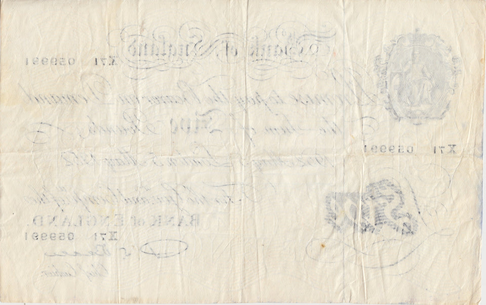 1952 MAY 5TH BANK OF ENGLAND WHITE BANKNOTE P. S BEALE W£5-3 - £5 BANKNOTES WHITE - Cambridgeshire Coins