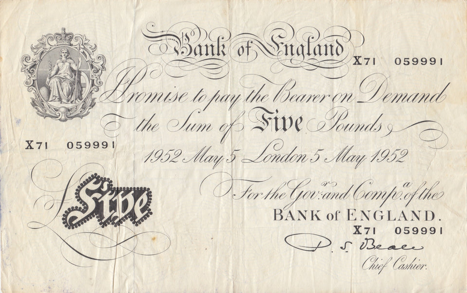 1952 MAY 5TH BANK OF ENGLAND WHITE BANKNOTE P. S BEALE W£5-3 - £5 BANKNOTES WHITE - Cambridgeshire Coins