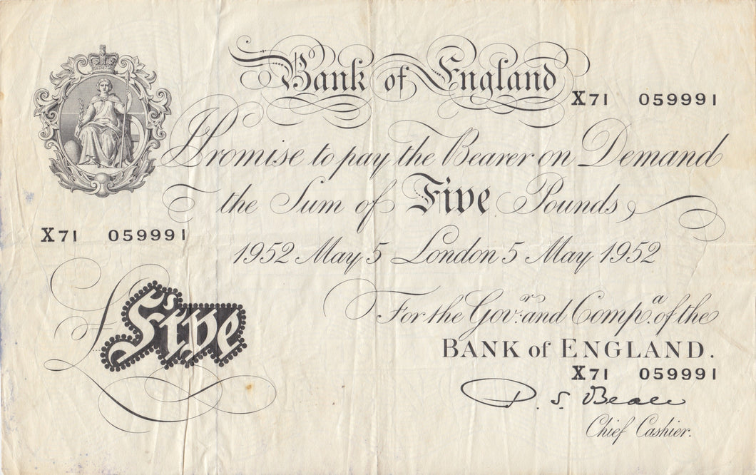 1952 MAY 5TH BANK OF ENGLAND WHITE BANKNOTE P. S BEALE W£5-3 - £5 BANKNOTES WHITE - Cambridgeshire Coins