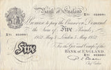 1952 MAY 5TH BANK OF ENGLAND WHITE BANKNOTE P. S BEALE W£5-3 - £5 BANKNOTES WHITE - Cambridgeshire Coins