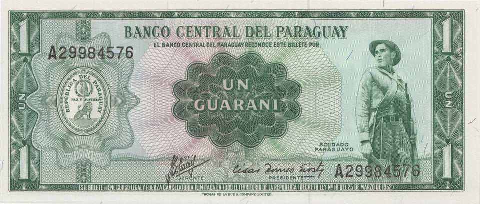 1952 ONE GUARAINES BANKNOTE PARAGUAY REF 1064 - World Banknotes - Cambridgeshire Coins