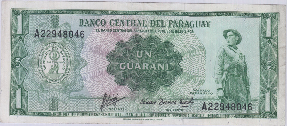 1952 PARAGUAY ONE GUARANI BANKNOTE REF 1458 - World Banknotes - Cambridgeshire Coins