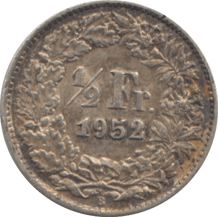 1952 SILVER 1/2 FRANC SWITZERLAND - WORLD SILVER COINS - Cambridgeshire Coins