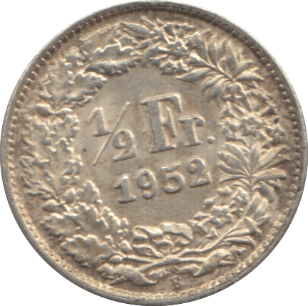 1952 SILVER 1/2 FRANC SWITZERLAND - WORLD SILVER COINS - Cambridgeshire Coins