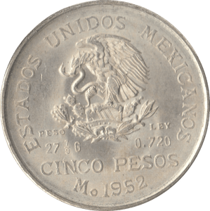 1952 SILVER FIVE PESO MEXICO - WORLD COINS - Cambridgeshire Coins