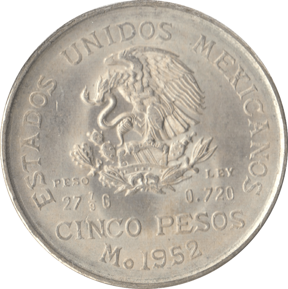 1952 SILVER FIVE PESO MEXICO - WORLD COINS - Cambridgeshire Coins