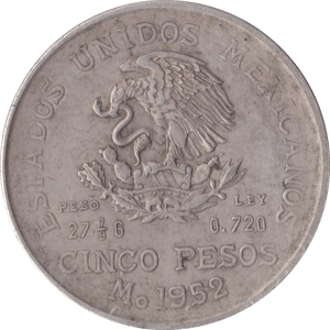 1952 SILVER MEXICAN CINCO PESO - SILVER WORLD COINS - Cambridgeshire Coins