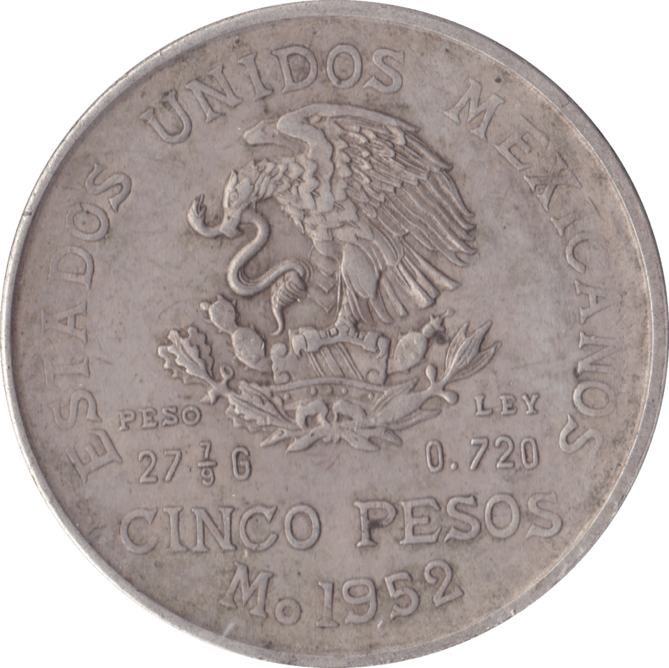 1952 SILVER MEXICAN CINCO PESO - SILVER WORLD COINS - Cambridgeshire Coins