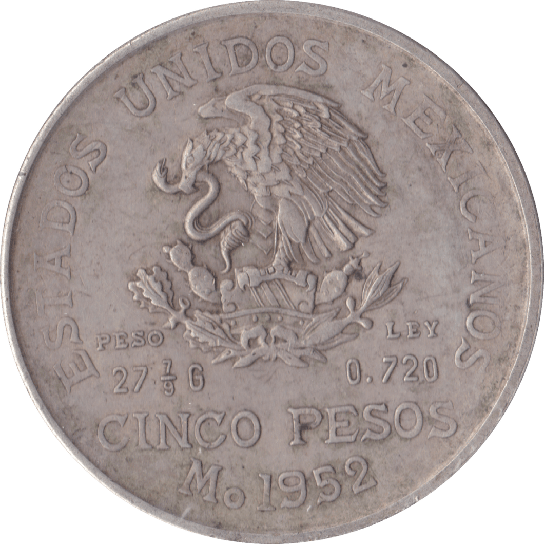 1952 SILVER MEXICAN CINCO PESO - SILVER WORLD COINS - Cambridgeshire Coins