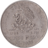 1952 SILVER MEXICAN CINCO PESO - SILVER WORLD COINS - Cambridgeshire Coins