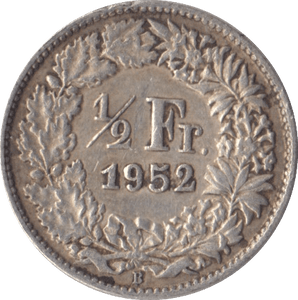 1952 SILVER SWISS 1/2 FRANC - SILVER WORLD COINS - Cambridgeshire Coins