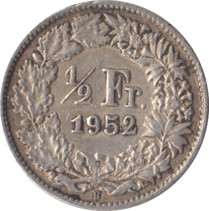 1952 SILVER SWISS 1/2 FRANC - SILVER WORLD COINS - Cambridgeshire Coins