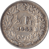 1952 SILVER SWISS 1/2 FRANC - SILVER WORLD COINS - Cambridgeshire Coins