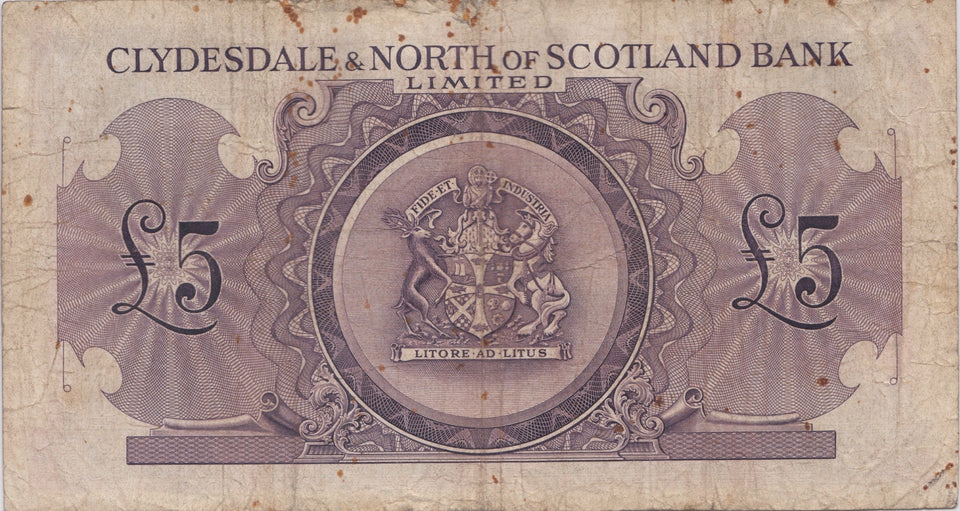 1953 £5 SCOTTISH BANKNOTE CLYDESDALE & NORTH OF SCOTLAND BANK REF SCOT-56 - SCOTTISH BANKNOTES - Cambridgeshire Coins