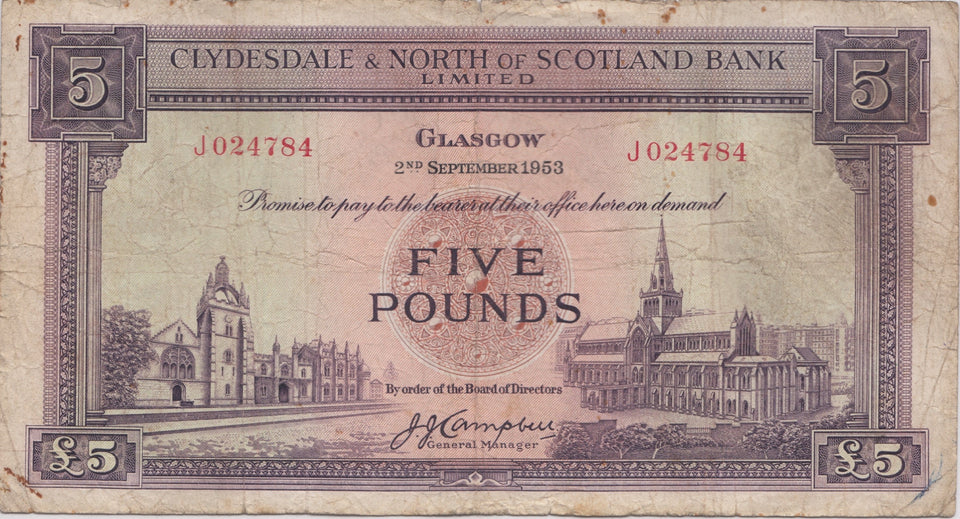 1953 £5 SCOTTISH BANKNOTE CLYDESDALE & NORTH OF SCOTLAND BANK REF SCOT-56 - SCOTTISH BANKNOTES - Cambridgeshire Coins