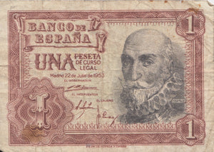 1953 ONE PESETA BANKNOTE SPAIN REF 1191 - World Banknotes - Cambridgeshire Coins