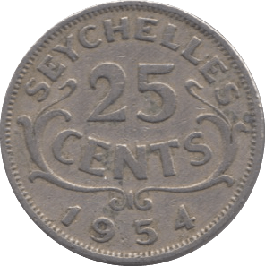 1954 25 CENTS SEYCHELLES - WORLD COINS - Cambridgeshire Coins