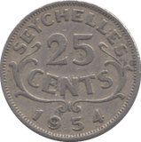 1954 25 CENTS SEYCHELLES - WORLD COINS - Cambridgeshire Coins