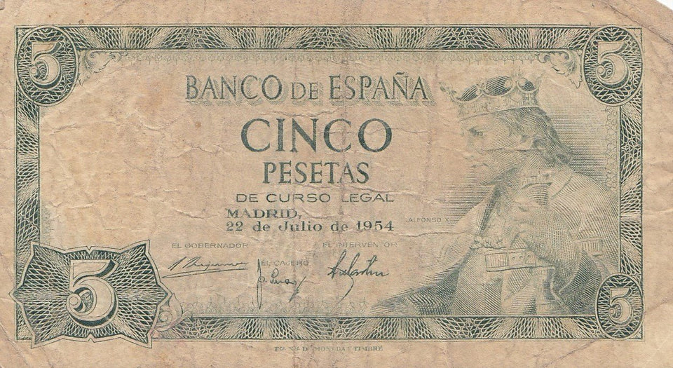 1954 5 PESETAS BANKNOTE SPAIN ( REF 280 ) - World Banknotes - Cambridgeshire Coins