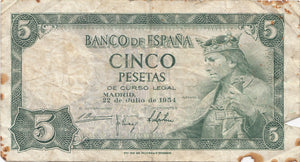 1954 5 PESETAS BANKNOTE SPAIN REF 928 - World Banknotes - Cambridgeshire Coins