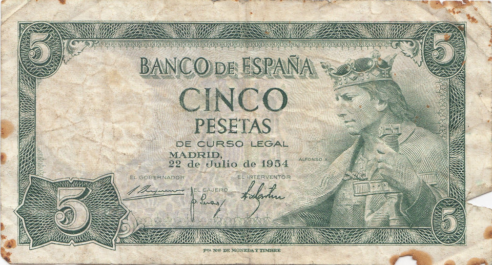 1954 5 PESETAS BANKNOTE SPAIN REF 928 - World Banknotes - Cambridgeshire Coins