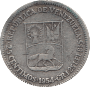 1954 SILVER 25 CENTIMOS VENEZUELA - SILVER WORLD COINS - Cambridgeshire Coins