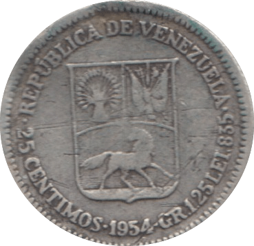 1954 SILVER 25 CENTIMOS VENEZUELA - SILVER WORLD COINS - Cambridgeshire Coins