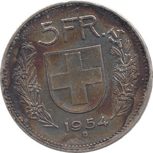 1954 SILVER 5 FRANC SWITZERLAND B - SILVER WORLD COINS - Cambridgeshire Coins