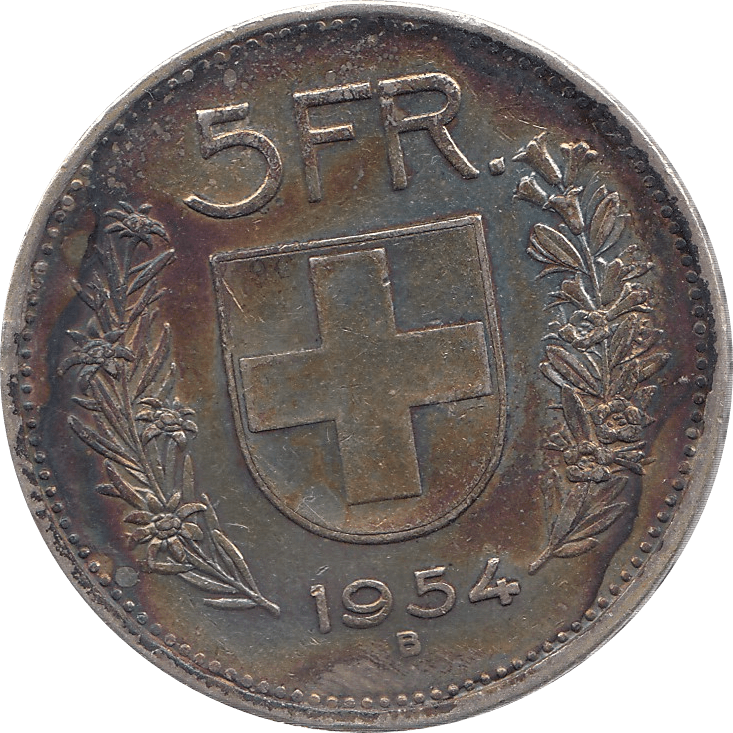1954 SILVER 5 FRANC SWITZERLAND B - SILVER WORLD COINS - Cambridgeshire Coins