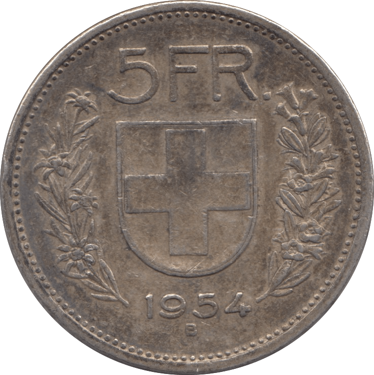 1954 SILVER 5 FRANC SWITZERLAND - SILVER WORLD COINS - Cambridgeshire Coins