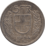 1954 SILVER 5 FRANC SWITZERLAND - SILVER WORLD COINS - Cambridgeshire Coins