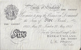 1955 JUNE 22ND BANK OF ENGLAND WHITE BANKNOTE L.K. O'BRIEN W£5-1 - £5 BANKNOTES WHITE - Cambridgeshire Coins