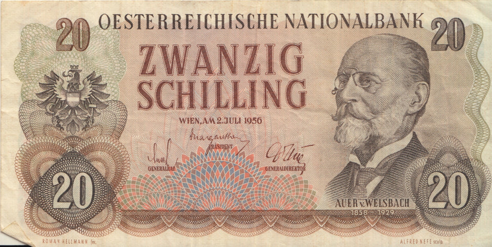 1956 BANK OF AUSTRIA 20 SHILLINGS BANKNOTE REF 1287 - World Banknotes - Cambridgeshire Coins