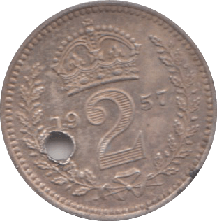 1957 MAUNDY TWOPENCE ( EF ) HOLED - Maundy Coins - Cambridgeshire Coins