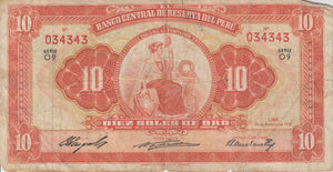 1958 10 ORO BANCO DEL PERU BANKNOTE REF 190 - World Banknotes - Cambridgeshire Coins