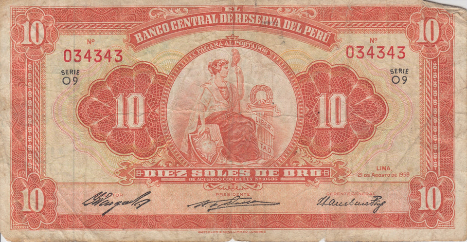 1958 10 ORO BANCO DEL PERU BANKNOTE REF 190 - World Banknotes - Cambridgeshire Coins