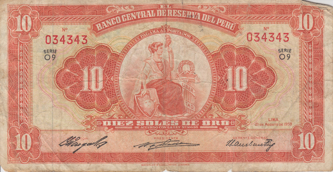 1958 10 ORO BANCO DEL PERU BANKNOTE REF 190 - World Banknotes - Cambridgeshire Coins