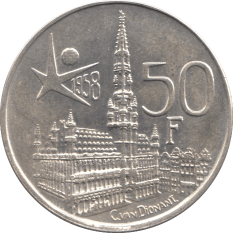 1958 SILVER 50 FRANCS BRUSSELS WORLD FAIR BELGIUM - SILVER WORLD COINS - Cambridgeshire Coins