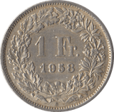 1958 SILVER SWISS 1 FRANC - SILVER WORLD COINS - Cambridgeshire Coins