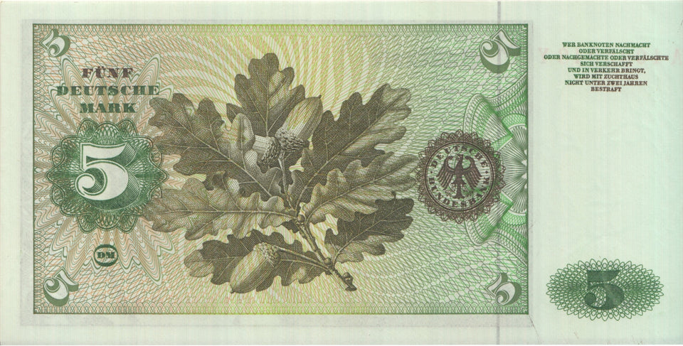 1960 BANK OF GERMANY 5 MARK BANKNOTE REF 1272 - World Banknotes - Cambridgeshire Coins