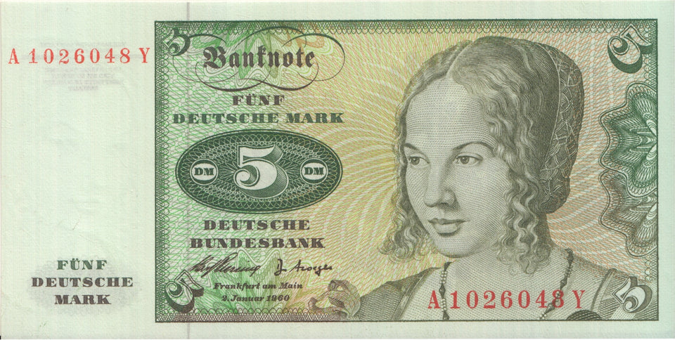 1960 BANK OF GERMANY 5 MARK BANKNOTE REF 1272 - World Banknotes - Cambridgeshire Coins