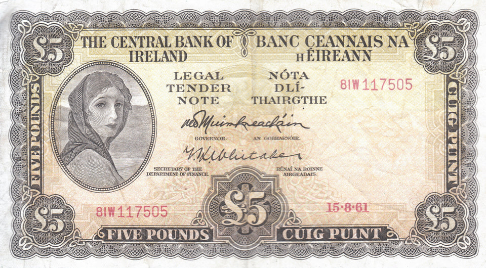 1961 £5 CENTRAL BANK OF IRELAND IRELAND BANKNOTE REF 104 - Irish Banknotes - Cambridgeshire Coins