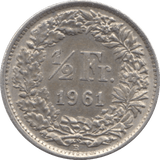 1961 SILVER 1/2 FRANC SWITZERLAND - SILVER WORLD COINS - Cambridgeshire Coins