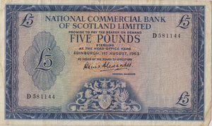 1963 FIVE POUNDS NATIONAL COMMERCIAL BANK SCOTLAND BANKNOTE REF SCOT-14 - SCOTTISH BANKNOTES - Cambridgeshire Coins