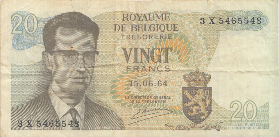 1964 BANK OF BELGIUM 20 FRANCS BANKNOTE REF 1321 - World Banknotes - Cambridgeshire Coins