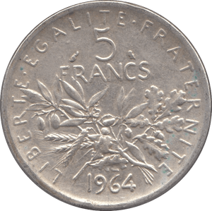 1964 SILVER 5 FRANCS FRANCE REF 4 - SILVER WORLD COINS - Cambridgeshire Coins