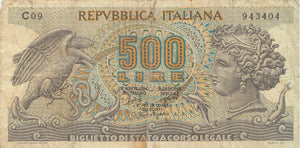 1966 BANK OF ITALY 500 LIRE BANKNOTE REF 1299 - World Banknotes - Cambridgeshire Coins